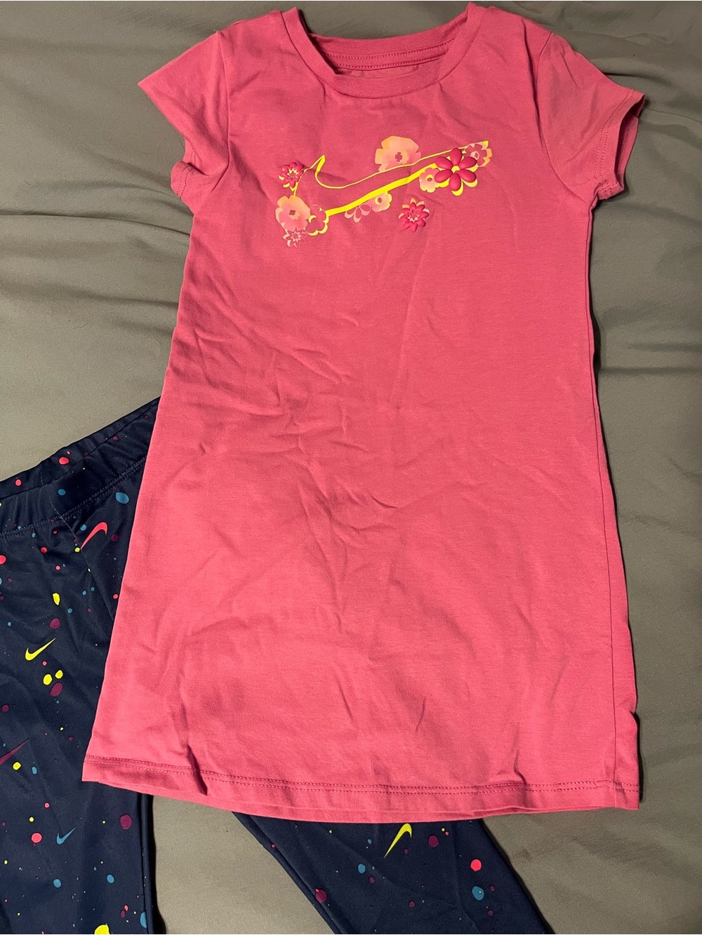 Nike Pink Floral Swoosh Tee Dress with Yellow Accent